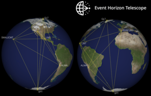 The Event Horizon Telescope is a virtual Earth-size telescope, achieving its globe-spanning baseline by combining precisely synchronized observations made at various sites around the world. (Image: Dan Marrone) The Event Horizon Telescope is a virtual Earth-size telescope, achieving its globe-spanning baseline by combining precisely synchronized observations made at various sites around the world. (Image: Dan Marrone)